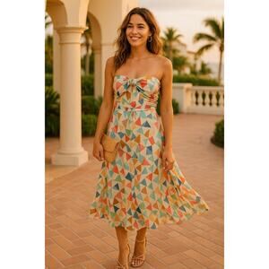 LaROK 100% Silk Midi Dress Women’s M Geometric Abstract Print Ruched Bow Front